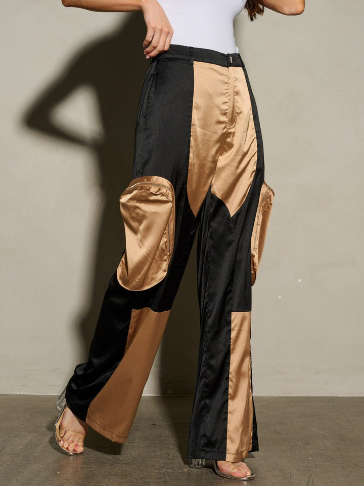 WOMEN'S BUTTON CLOSURE COLORBLOCK POCKETS WIDE LEG PANTS