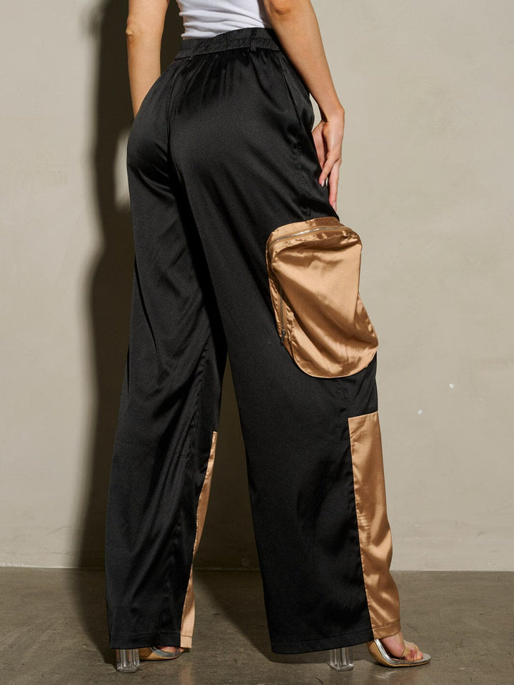 WOMEN'S BUTTON CLOSURE COLORBLOCK POCKETS WIDE LEG PANTS
