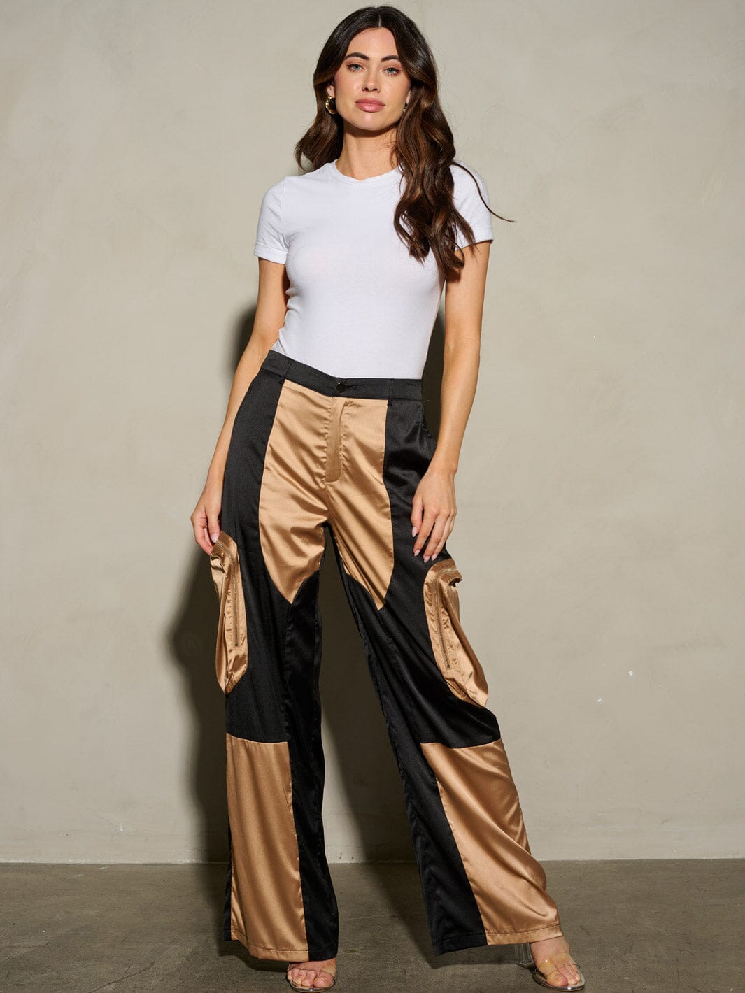 WOMEN'S BUTTON CLOSURE COLORBLOCK POCKETS WIDE LEG PANTS