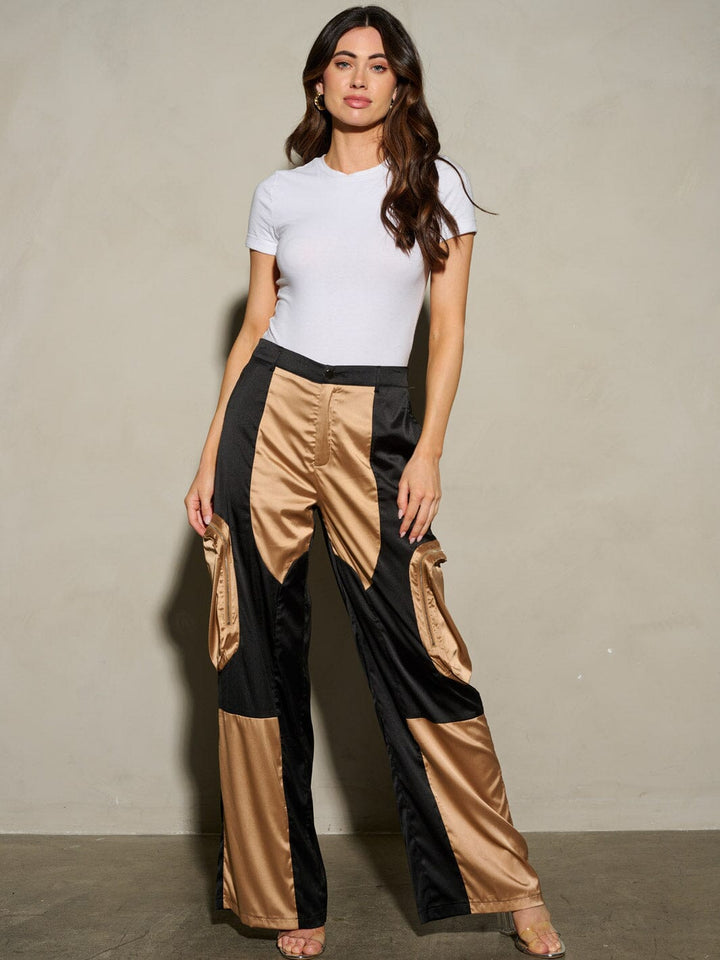 WOMEN'S BUTTON CLOSURE COLORBLOCK POCKETS WIDE LEG PANTS