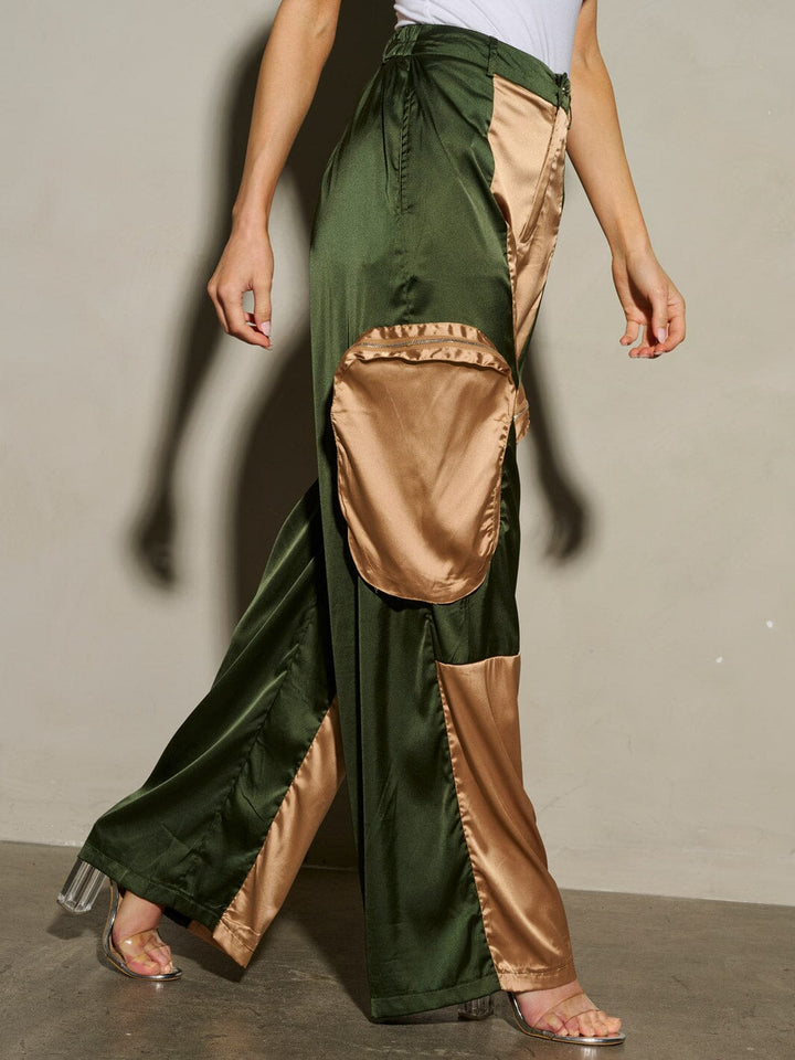 WOMEN'S BUTTON CLOSURE COLORBLOCK POCKETS WIDE LEG PANTS