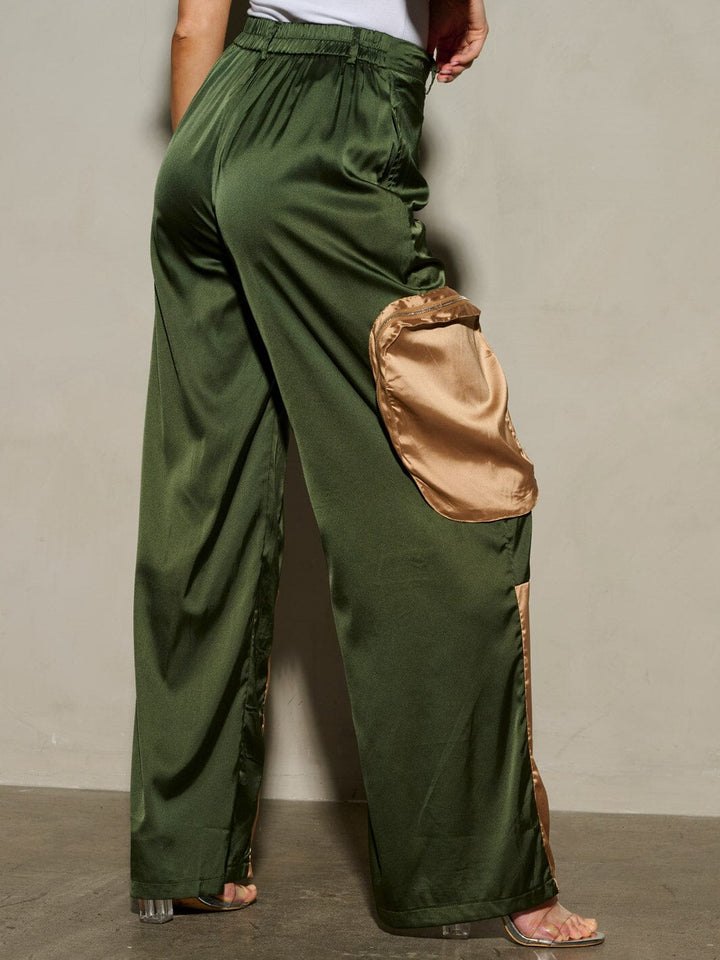 WOMEN'S BUTTON CLOSURE COLORBLOCK POCKETS WIDE LEG PANTS