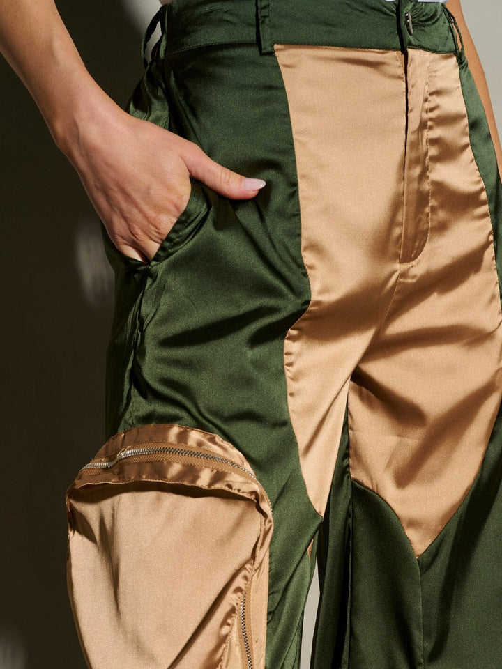 WOMEN'S BUTTON CLOSURE COLORBLOCK POCKETS WIDE LEG PANTS