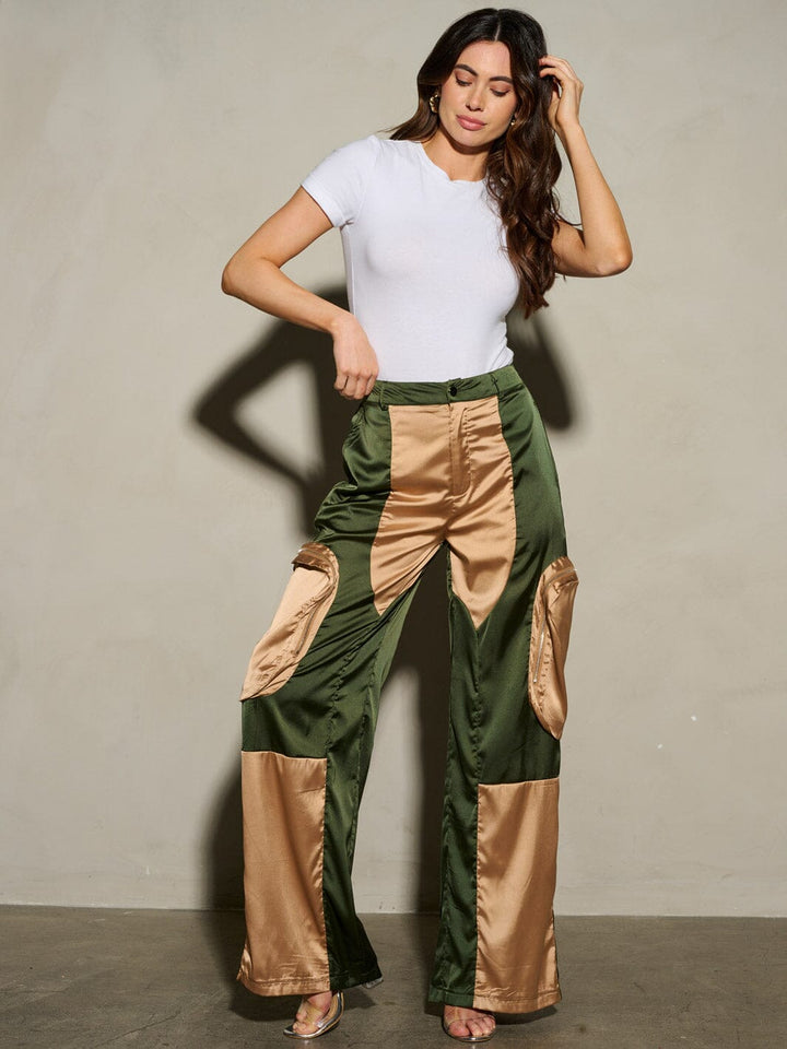 WOMEN'S BUTTON CLOSURE COLORBLOCK POCKETS WIDE LEG PANTS