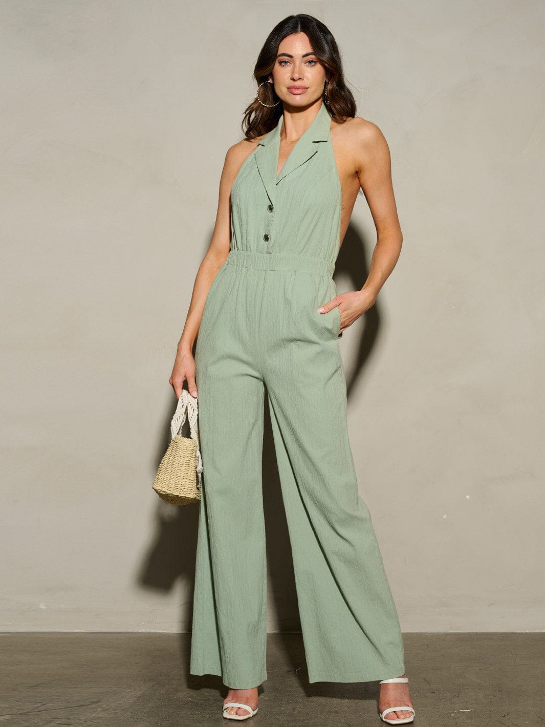 WOMEN'S SLEEVELESS HALTER NECK OPEN BACK WIDE LEG JUMPSUIT