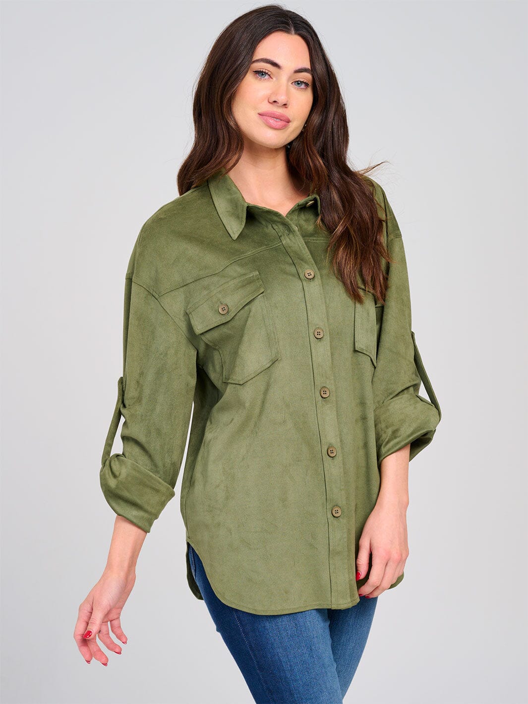 WOMEN'S LONG SLEEVE BUTTON CLOSURE FRONT POCKETS TOP