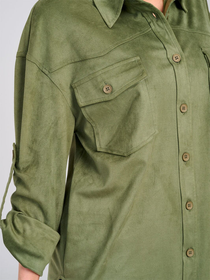 WOMEN'S LONG SLEEVE BUTTON CLOSURE FRONT POCKETS TOP