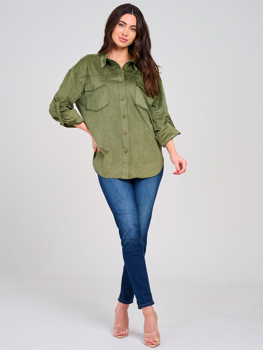 WOMEN'S LONG SLEEVE BUTTON CLOSURE FRONT POCKETS TOP