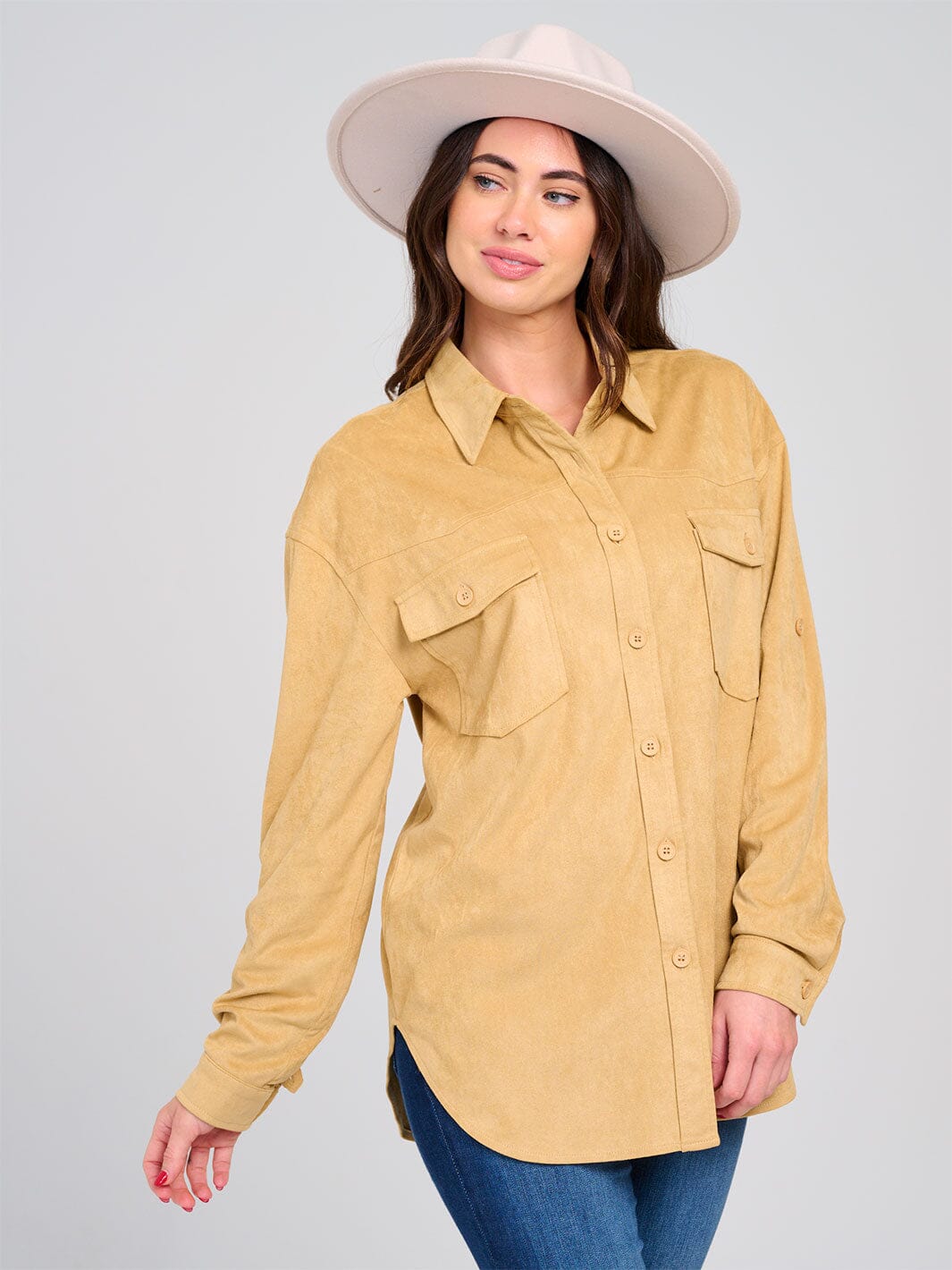 WOMEN'S LONG SLEEVE BUTTON CLOSURE FRONT POCKETS TOP