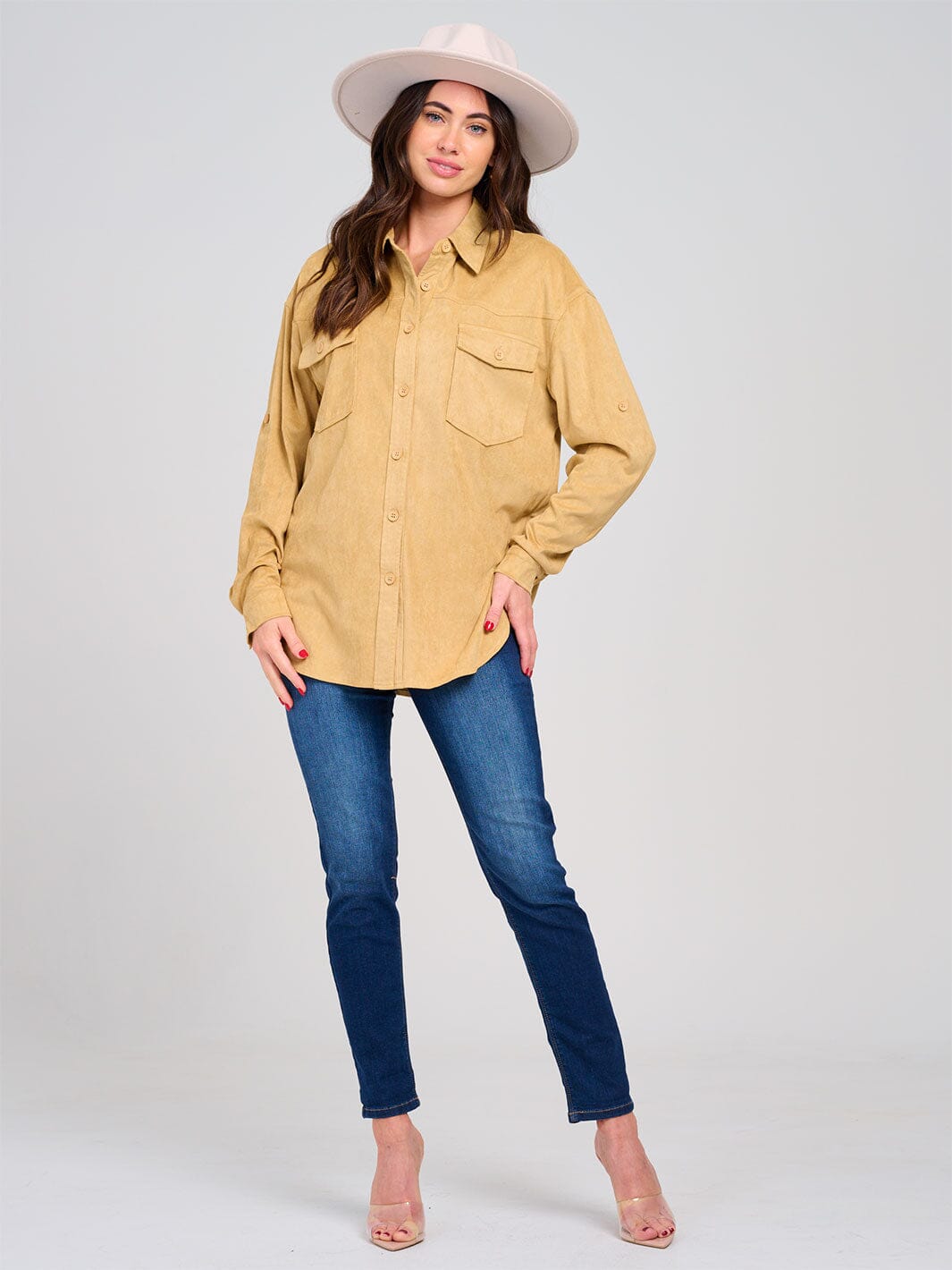 WOMEN'S LONG SLEEVE BUTTON CLOSURE FRONT POCKETS TOP
