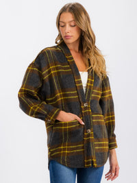 WOMEN'S LONG SLEEVE BUTTON CLOSURE FRONT POCKETS PLAID JACKET
