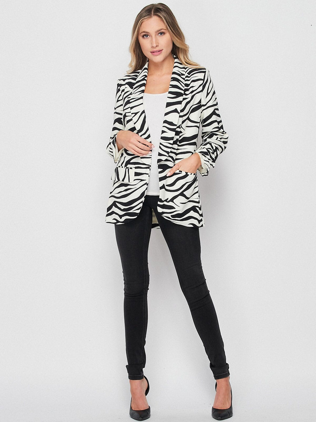 WOMEN'S LONG SLEEVE OPEN FRONT POCKETS ZEBRA PRINT BLAZER