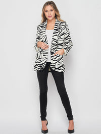 WOMEN'S LONG SLEEVE OPEN FRONT POCKETS ZEBRA PRINT BLAZER