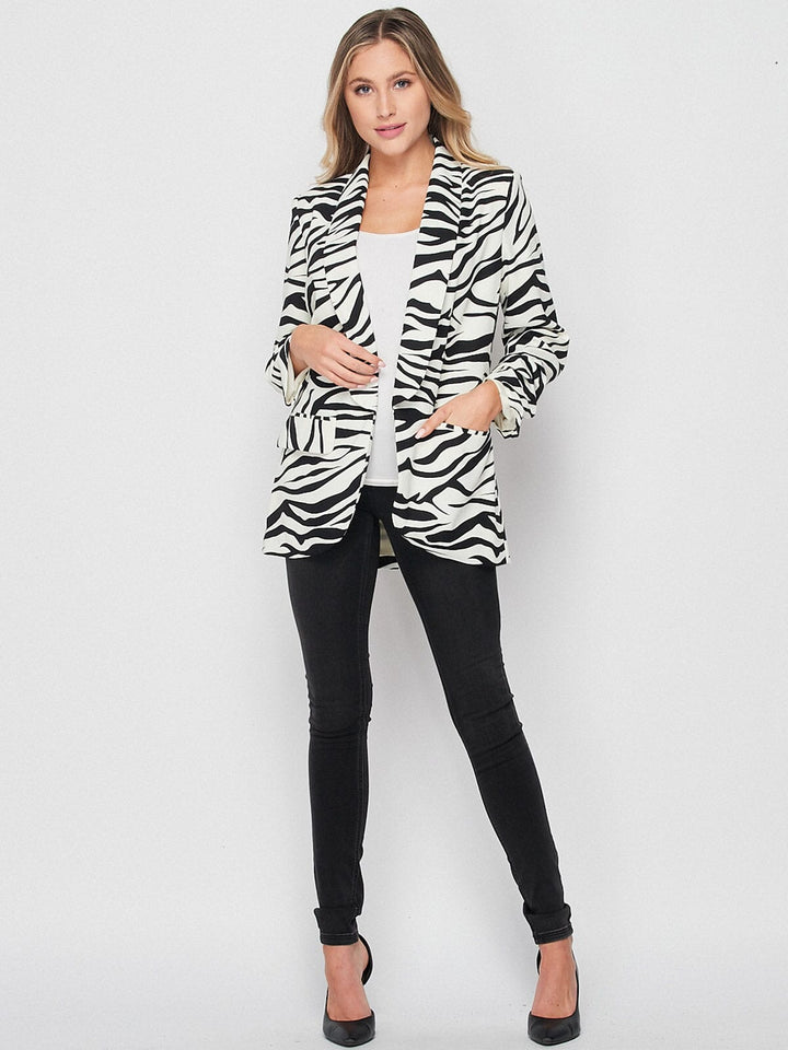 WOMEN'S LONG SLEEVE OPEN FRONT POCKETS ZEBRA PRINT BLAZER