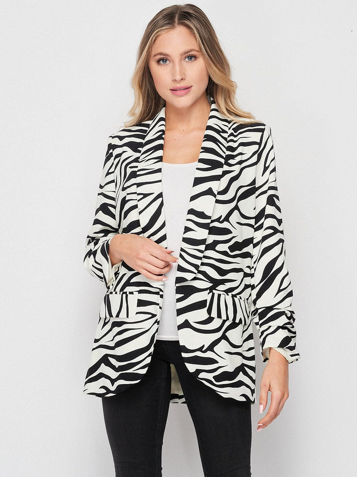 WOMEN'S LONG SLEEVE OPEN FRONT POCKETS ZEBRA PRINT BLAZER