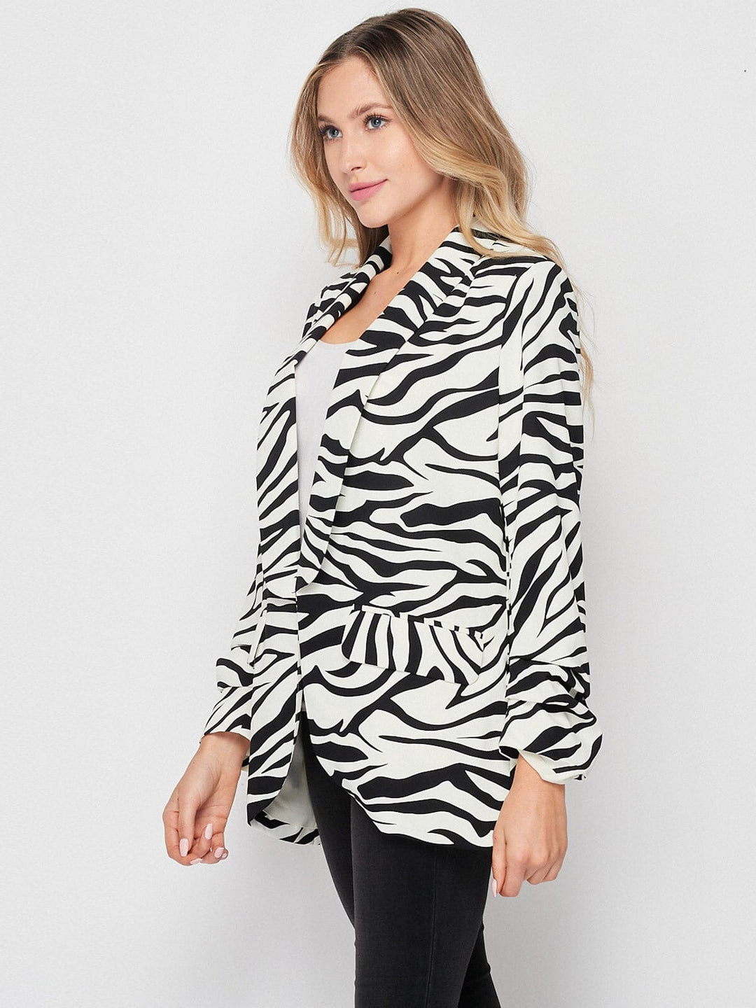 WOMEN'S LONG SLEEVE OPEN FRONT POCKETS ZEBRA PRINT BLAZER