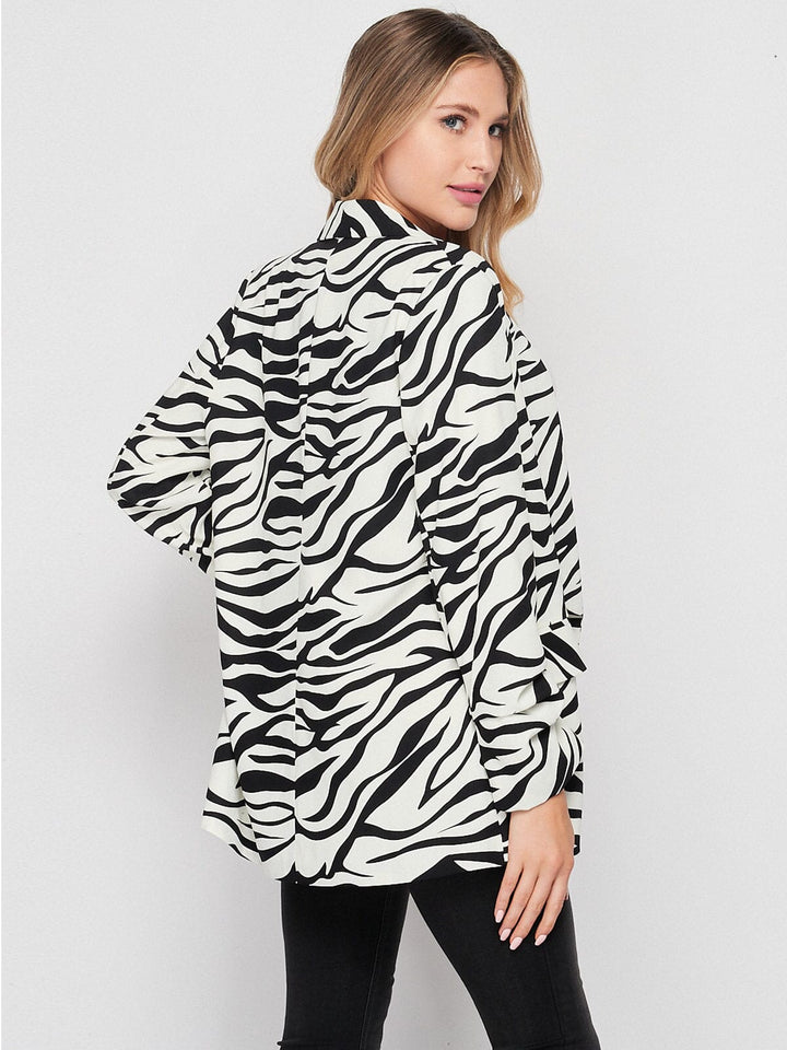 WOMEN'S LONG SLEEVE OPEN FRONT POCKETS ZEBRA PRINT BLAZER