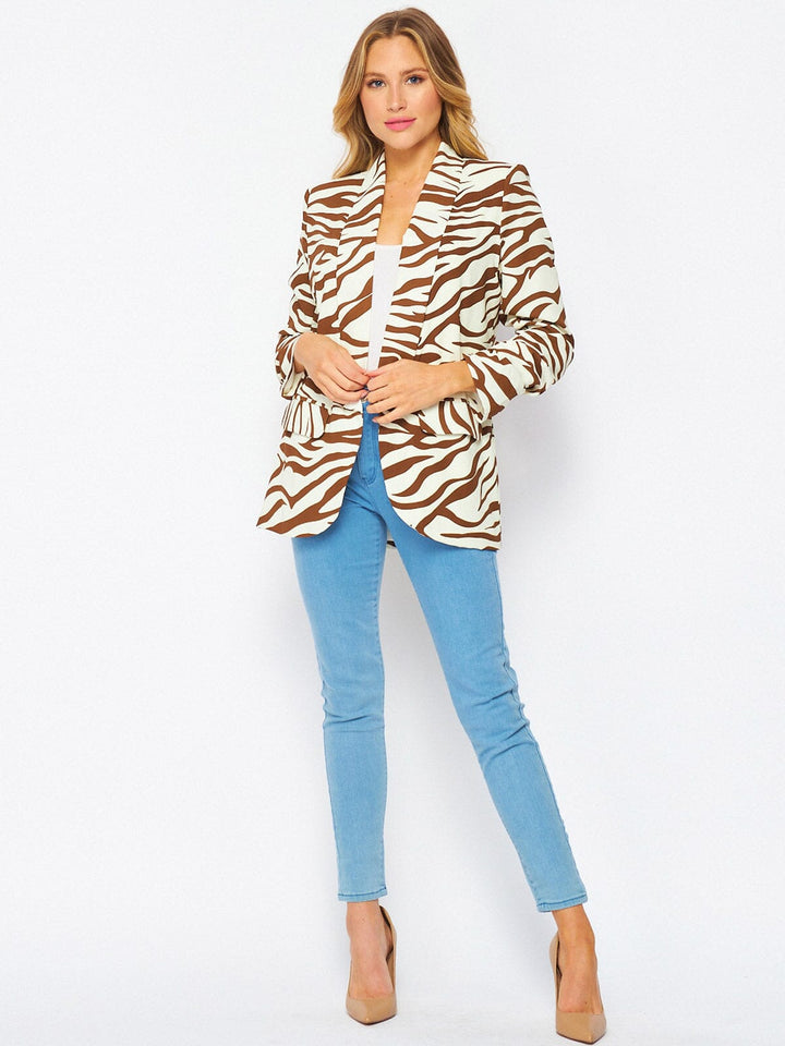 WOMEN'S LONG SLEEVE OPEN FRONT POCKETS ZEBRA PRINT BLAZER