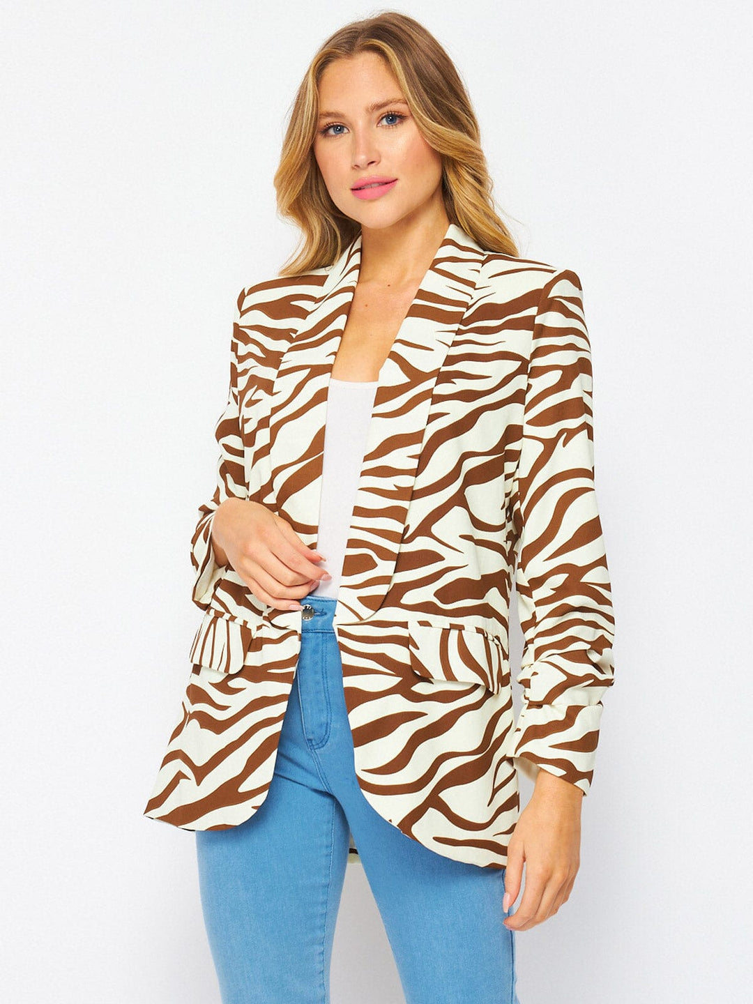 WOMEN'S LONG SLEEVE OPEN FRONT POCKETS ZEBRA PRINT BLAZER