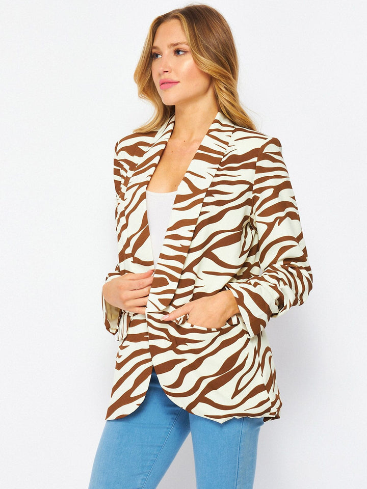 WOMEN'S LONG SLEEVE OPEN FRONT POCKETS ZEBRA PRINT BLAZER
