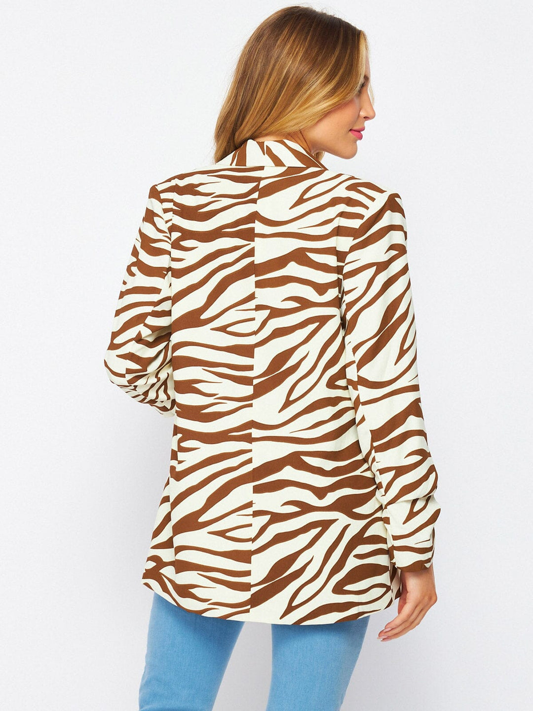 WOMEN'S LONG SLEEVE OPEN FRONT POCKETS ZEBRA PRINT BLAZER