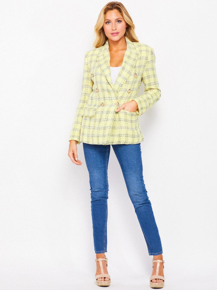 WOMEN'S LONG SLEEVE DOUBLE BUTTON FRONT POCKETS CHECKER PRINT BLAZER