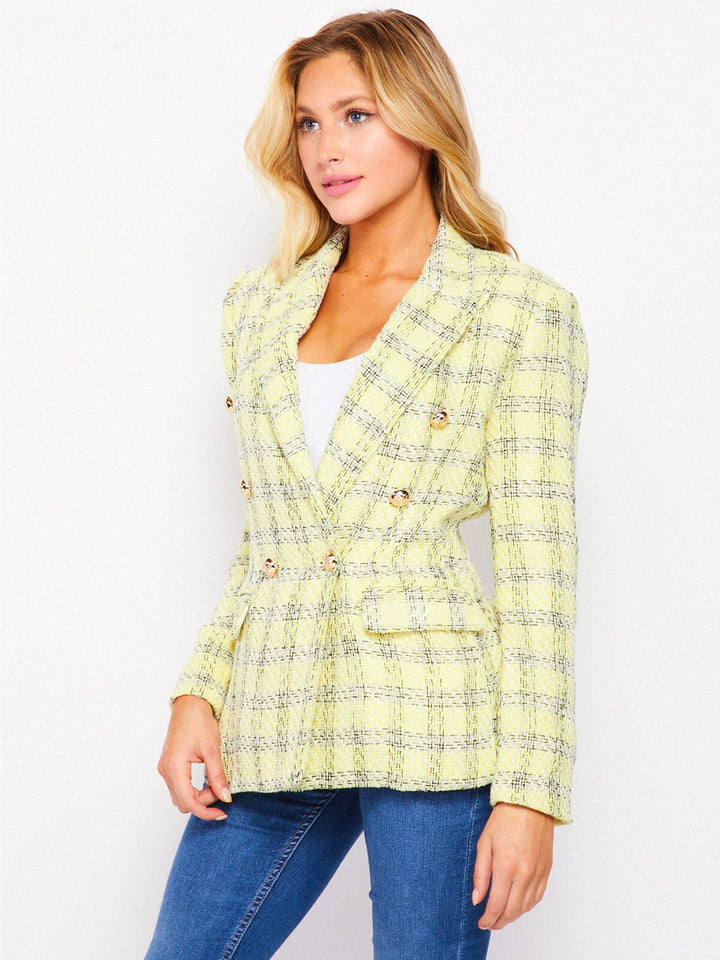WOMEN'S LONG SLEEVE DOUBLE BUTTON FRONT POCKETS CHECKER PRINT BLAZER