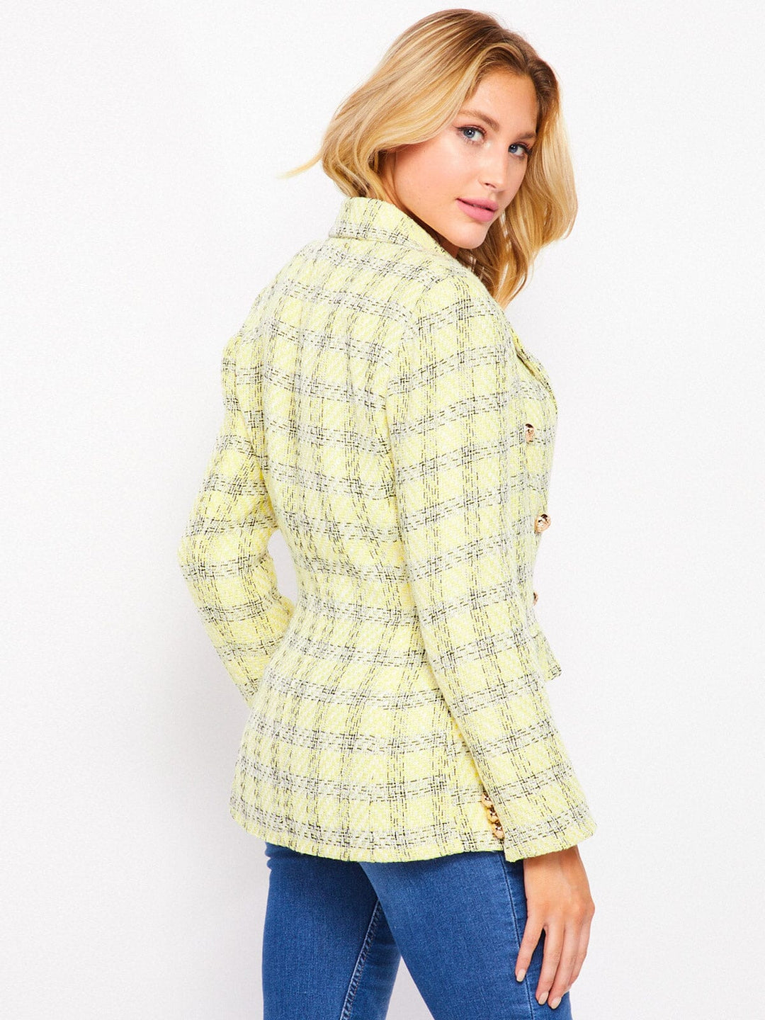 WOMEN'S LONG SLEEVE DOUBLE BUTTON FRONT POCKETS CHECKER PRINT BLAZER