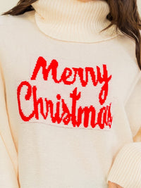 WOMEN'S LONG SLEEVE TURTLE NECK MERRY CHRISTMAS PULLOVER SWEATER