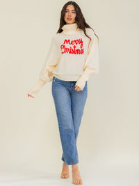 WOMEN'S LONG SLEEVE TURTLE NECK MERRY CHRISTMAS PULLOVER SWEATER