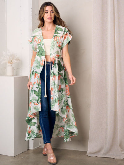 WOMEN'S SHORT SLEEVE OPEN FRONT SELF TIE FLORAL KIMONO