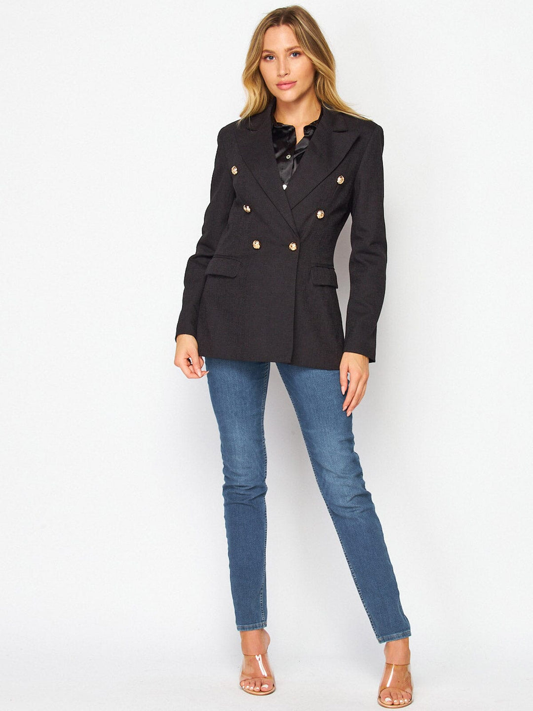 WOMEN'S LONG SLEEVE DOUBLE BUTTON FRONT POCKETS BLAZER
