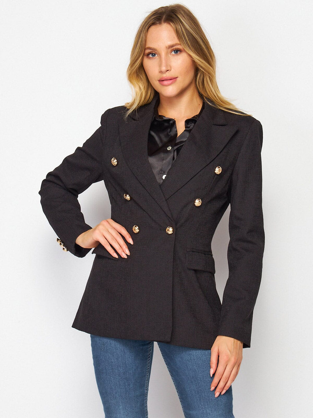 WOMEN'S LONG SLEEVE DOUBLE BUTTON FRONT POCKETS BLAZER