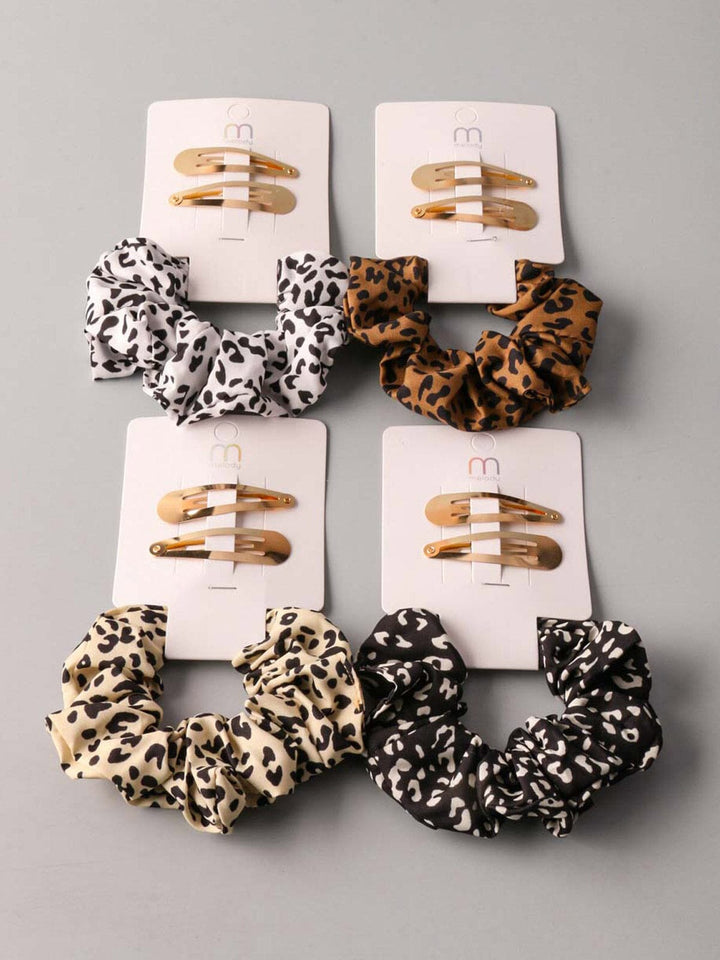 FASHION ANIMAL PRINT SCRUNCHIES & HAIR CLIPS SET
