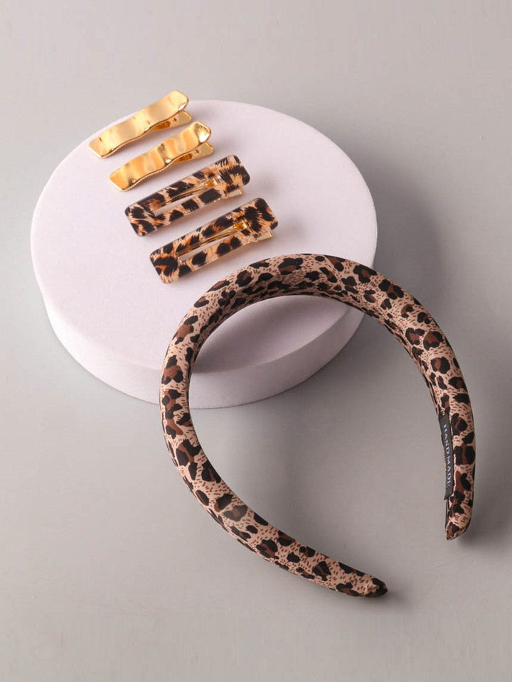 FASHION ANIMAL PRINT HEADBAND & HAIR CLIPS 5PCS. SET