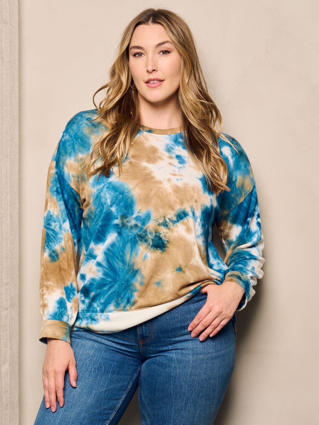 PLUS SIZE LONG SLEEVE TIE DYE PRINT TOP