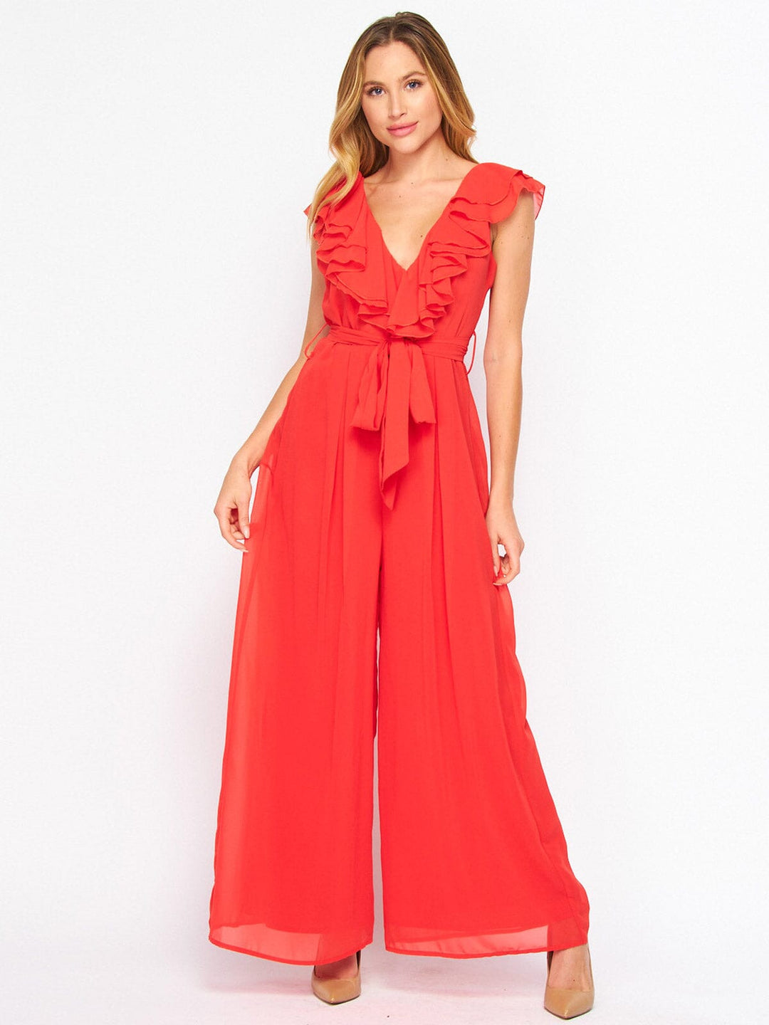 WOMEN'S SLEEVELESS V-NECK RUFFLE SELF TIE WIDE LEG JUMPSUIT