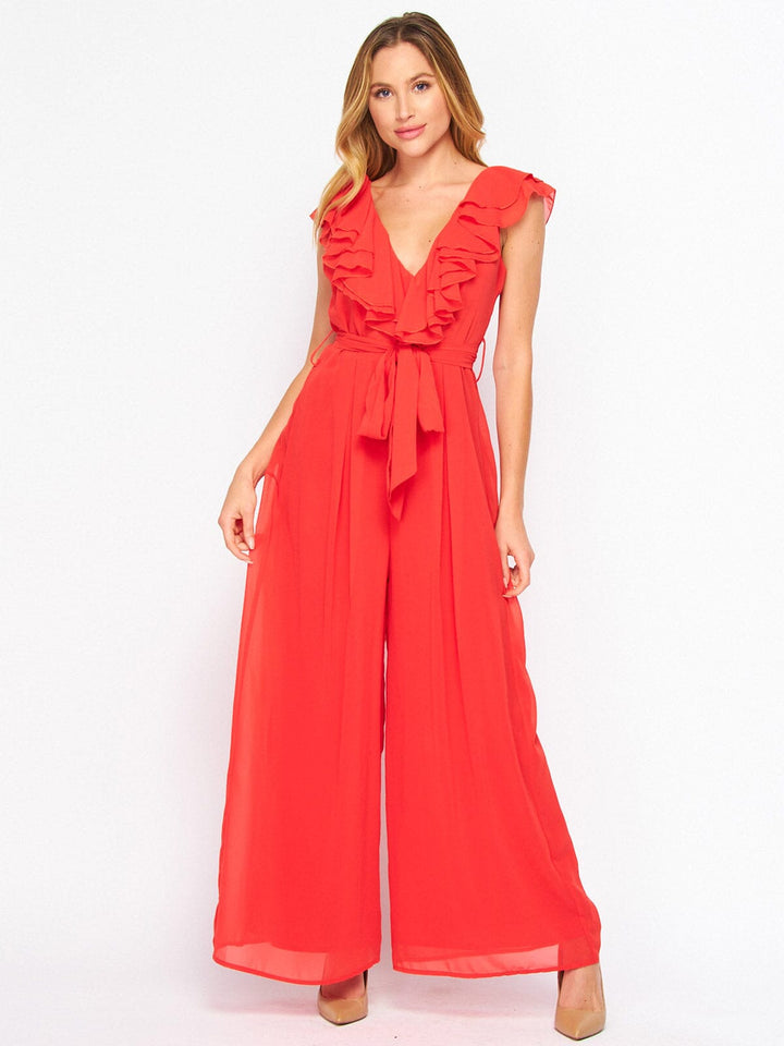 WOMEN'S SLEEVELESS V-NECK RUFFLE SELF TIE WIDE LEG JUMPSUIT