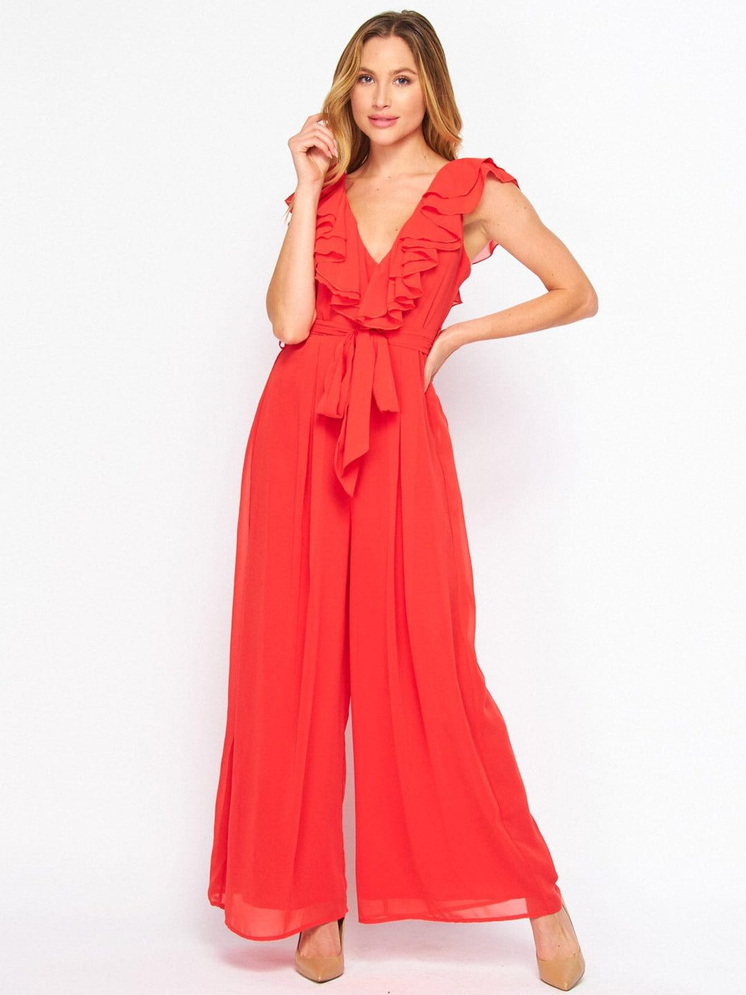 WOMEN'S SLEEVELESS V-NECK RUFFLE SELF TIE WIDE LEG JUMPSUIT