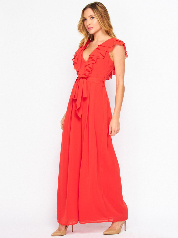 WOMEN'S SLEEVELESS V-NECK RUFFLE SELF TIE WIDE LEG JUMPSUIT