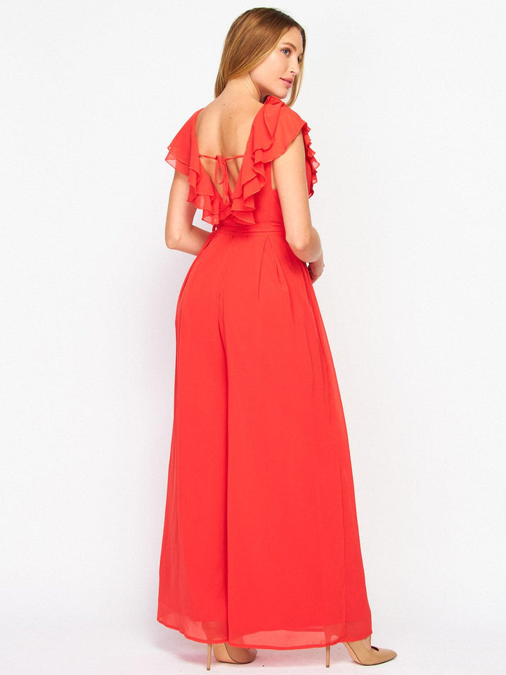 WOMEN'S SLEEVELESS V-NECK RUFFLE SELF TIE WIDE LEG JUMPSUIT