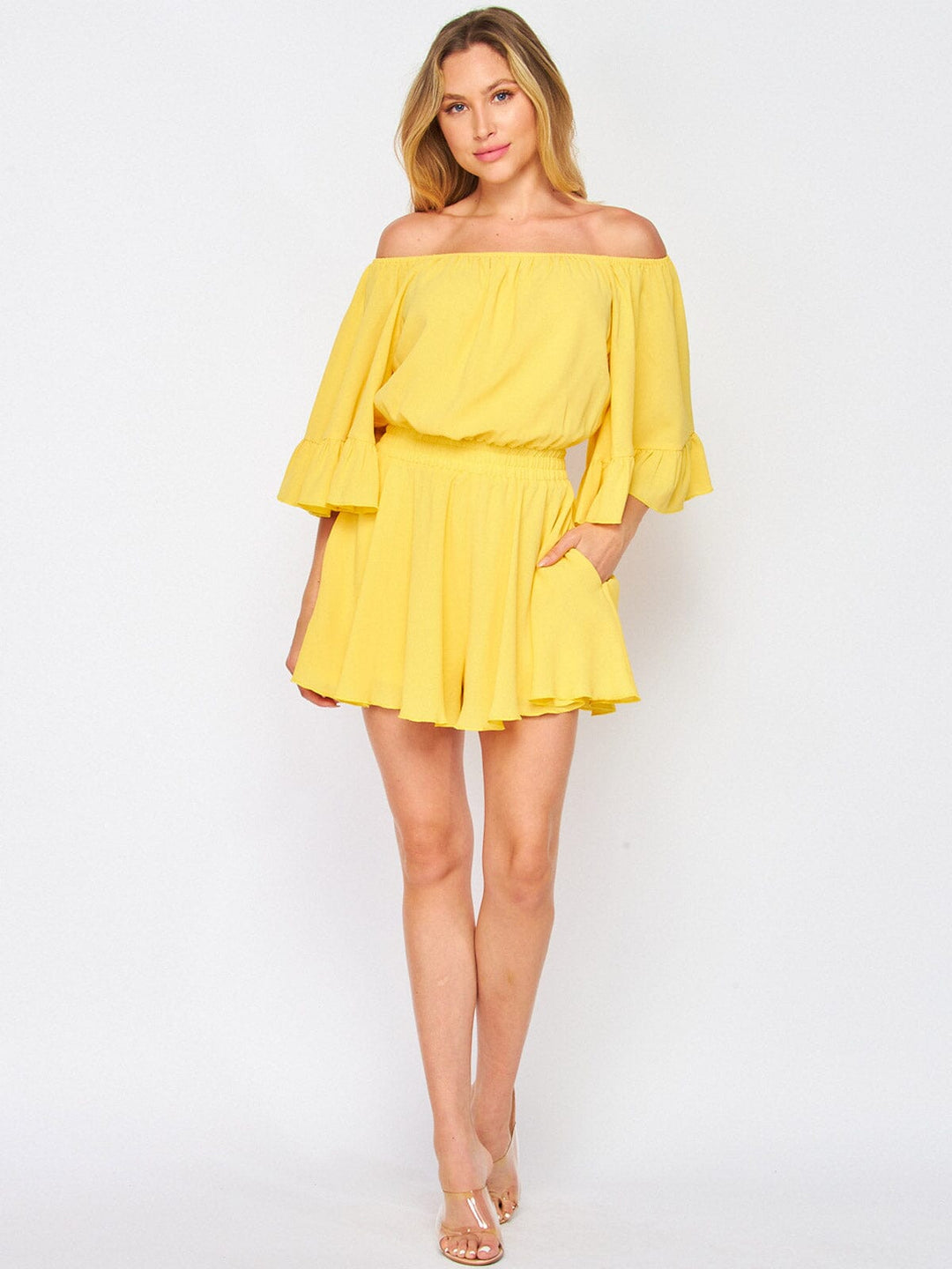 WOMEN'S OFF SHOULDER RUFFLE SLEEVES SMOCK WAIST ROMPER