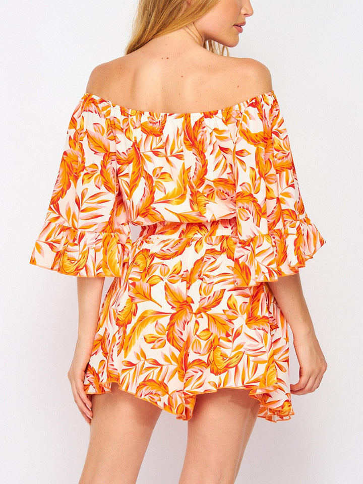 WOMEN'S OFF SHOULDER SMOCK WAIST POCKETS LEAF PRINT ROMPER