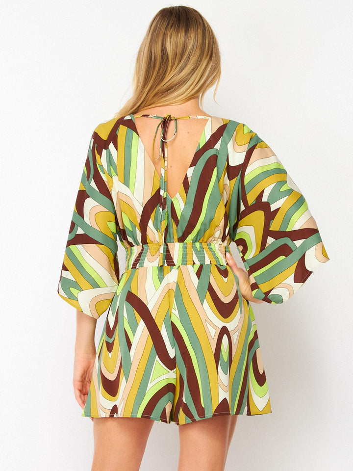 WOMEN'S SHORT SLEEVE SURPLICE POCKETS MULTI PRINT ROMPER