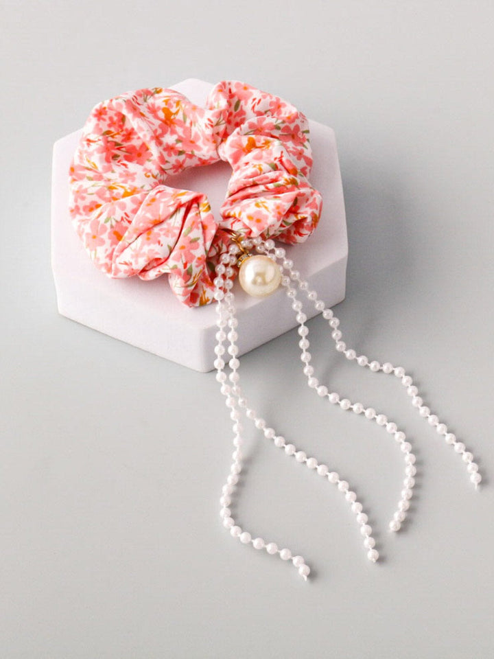 WOMEN'S ASSORTED COLORS FLORAL PEARLS HAIR SCRUNCHES