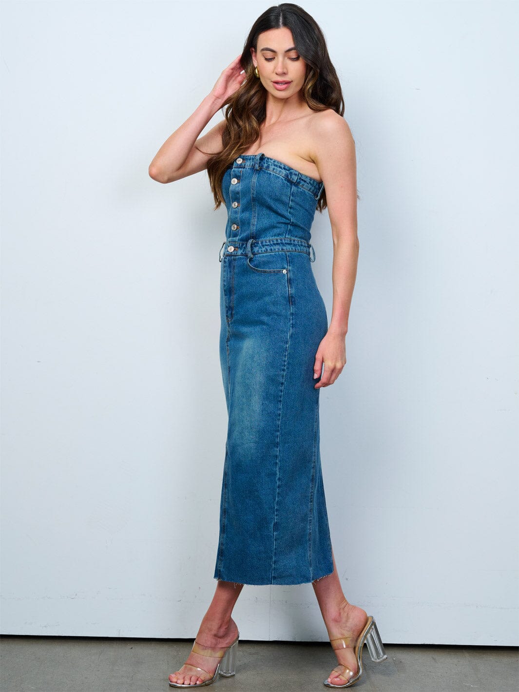 WOMEN'S SLEEVELESS BUTTON UP FRONT POCKETS WASHED TUBE DENIM MAXI DRES