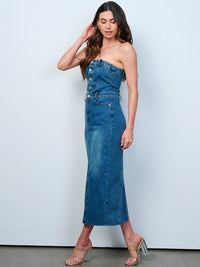 WOMEN'S SLEEVELESS BUTTON UP FRONT POCKETS WASHED TUBE DENIM MAXI DRESS
