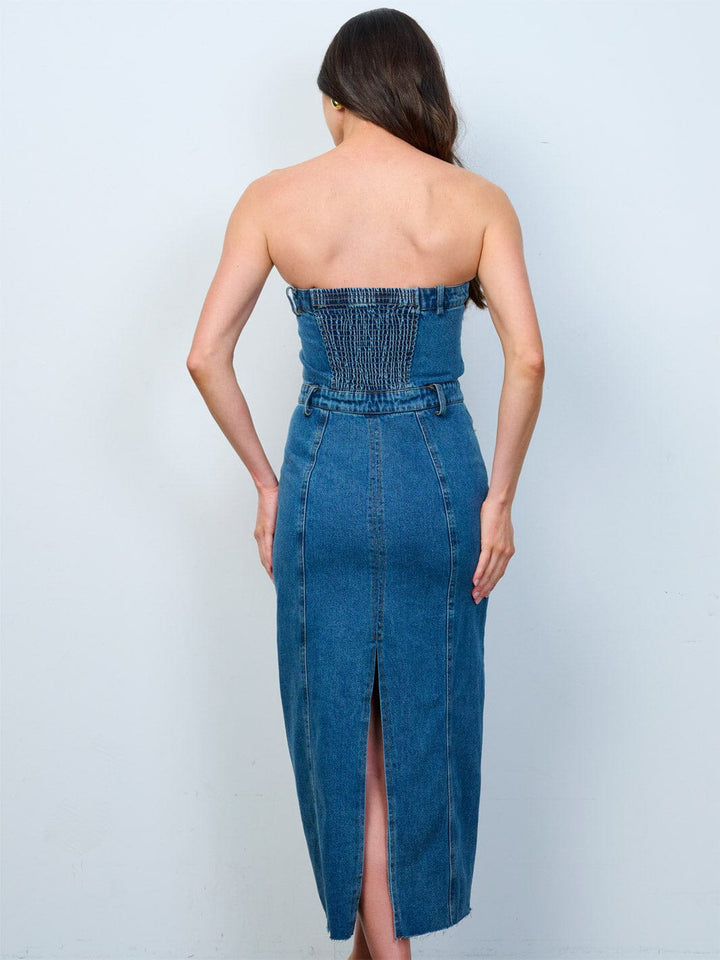 WOMEN'S SLEEVELESS BUTTON UP FRONT POCKETS WASHED TUBE DENIM MAXI DRESS