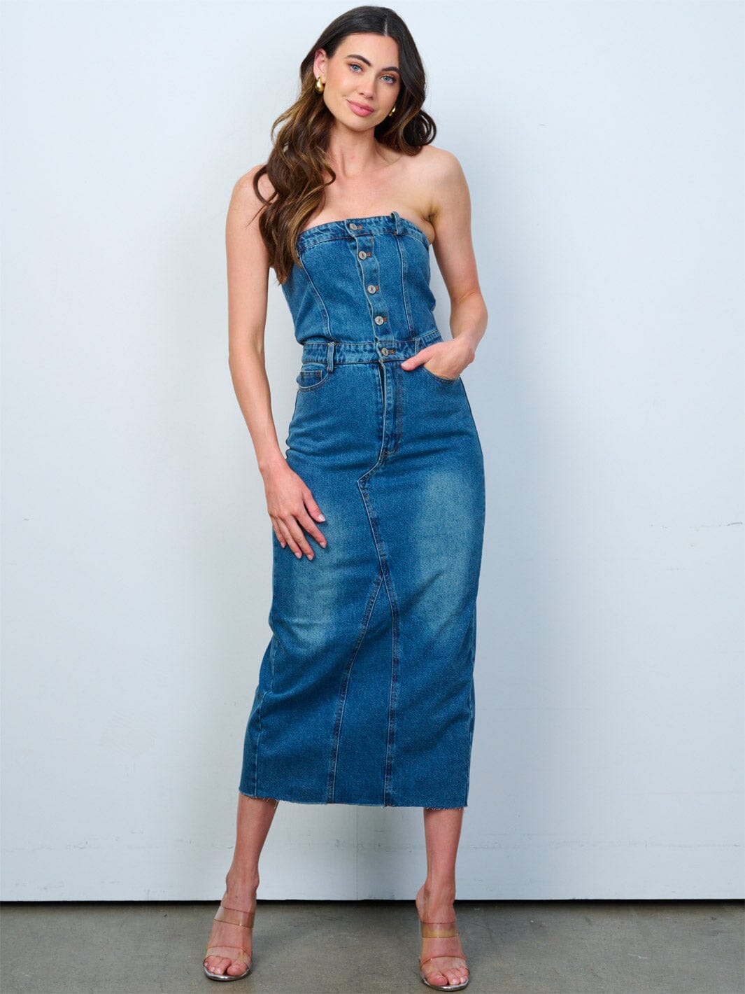 WOMEN'S SLEEVELESS BUTTON UP FRONT POCKETS WASHED TUBE DENIM MAXI DRESS