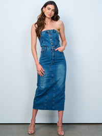 WOMEN'S SLEEVELESS BUTTON UP FRONT POCKETS WASHED TUBE DENIM MAXI DRESS